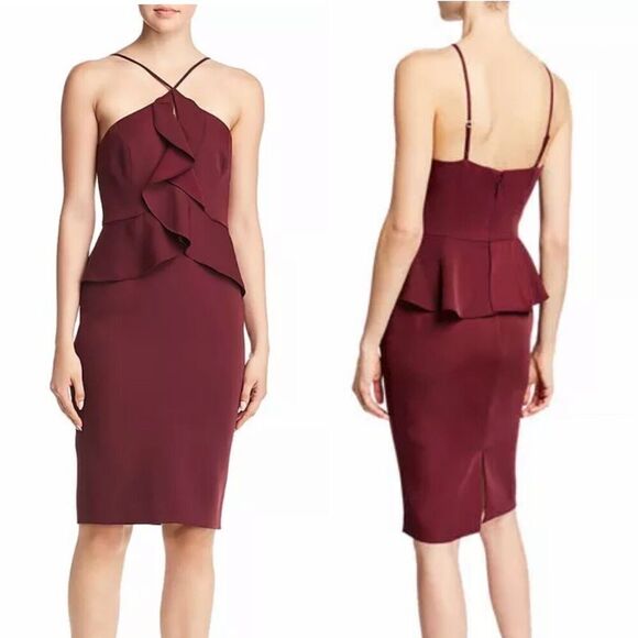 BCBGMaxazria Ruffled Peplum Cocktail Halter Sheath Dress Size 6 Maroon Red NEW - Picture 1 of 9